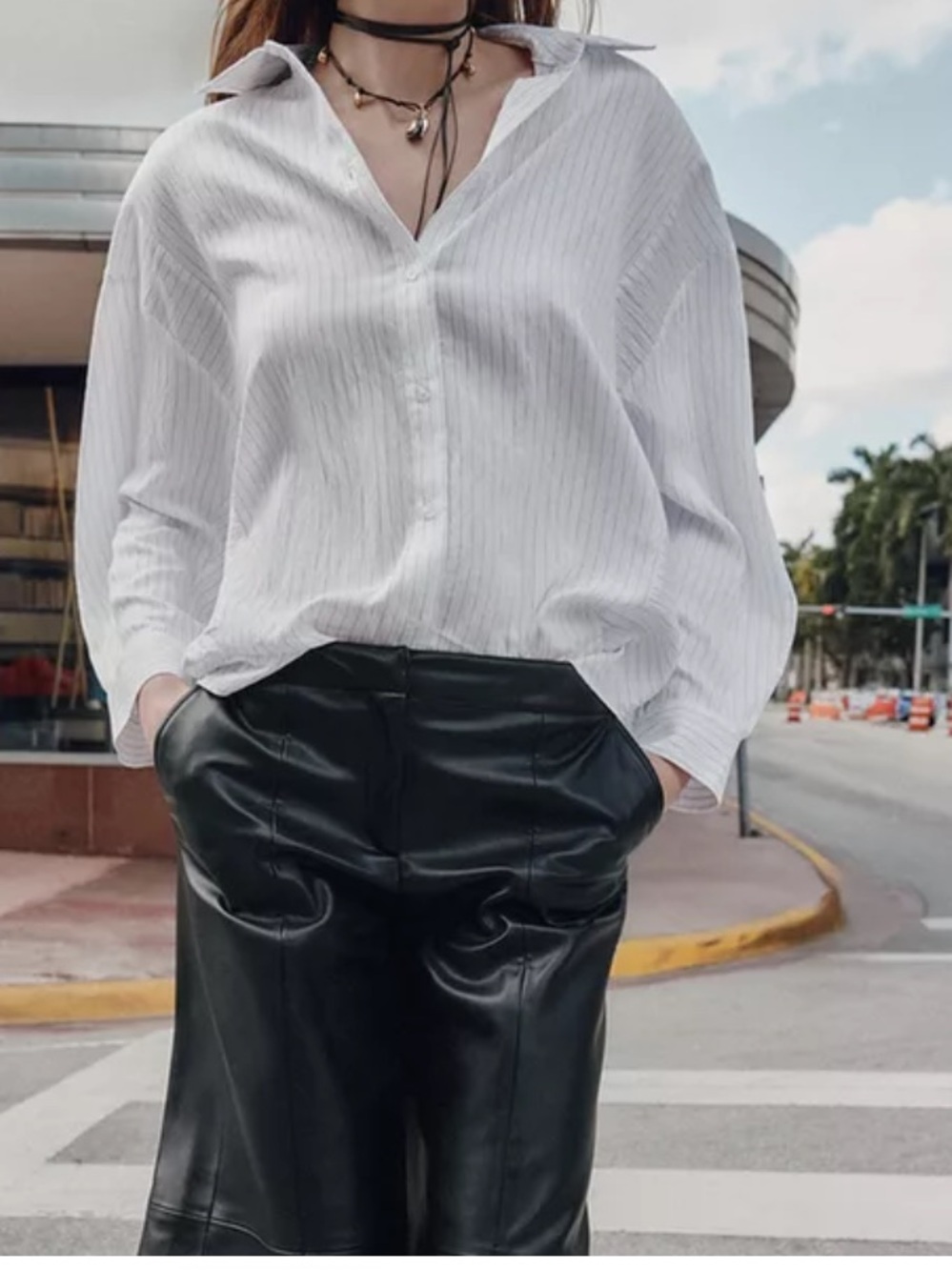 Zara White Pinstripe Relaxed Button-Down Shirt